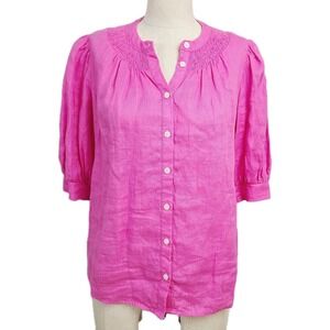 Boden Bright Pink Linen Smocked Button Front‎ Puff Sleeve Blouse Top UK6 US2